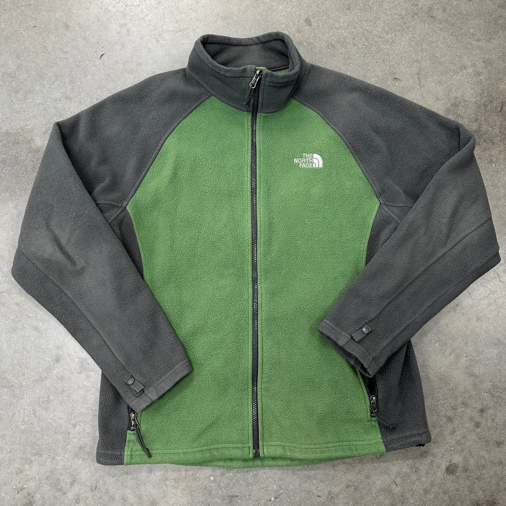 The North Face Mens Full Zip Fleece Jacket Green Gray Large Mock Neck Raglan